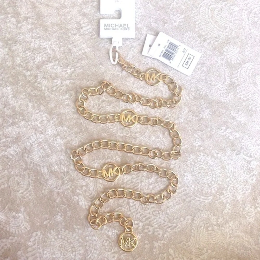 Brand New Michael Kors Gold Tone Logo Metal Chain Belt Adjustable Length